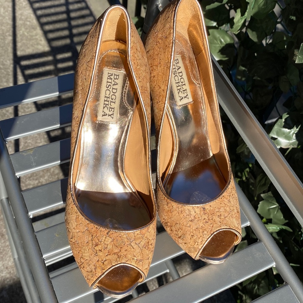 Badgley Mischka Cork Taupe Open Toe Heels 6.5